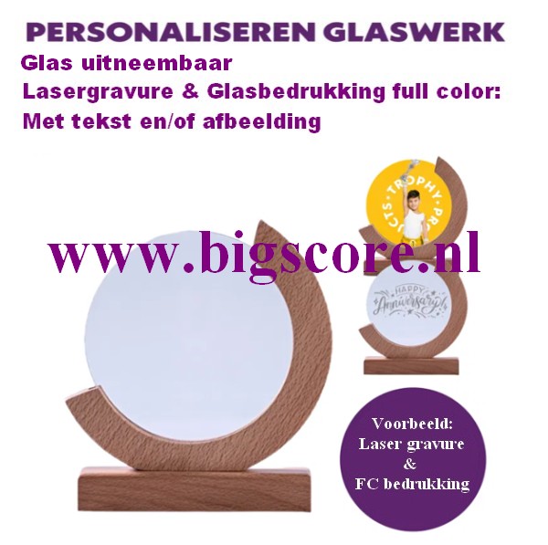 Angelina Crystalglas in houtenstandaard incl. FC of Lasergraveer ontwerp